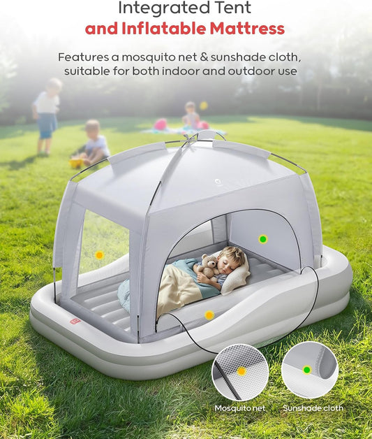 Kids Inflatable Travel Bed with Tent & Electric Pump — Portable Air Mattress with Safety Sides