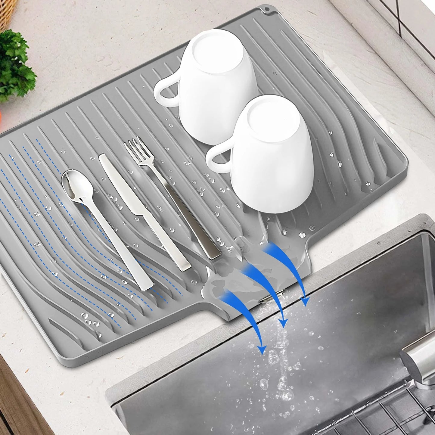 Large Silicone Dish Drying Mat with Drain Lip – Hygienic, Easy-Clean Counter Tray for Kitchen Sink, No Water Buildup