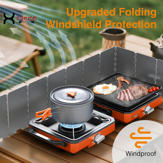 Portable 2-Burner Camping Stove with Windshield - 20000 BTU Propane Camp Stove, Includes Frying Pan, Coffee Stand & Carry Bag - Essential Outdoor Gear in Vibrant Orange