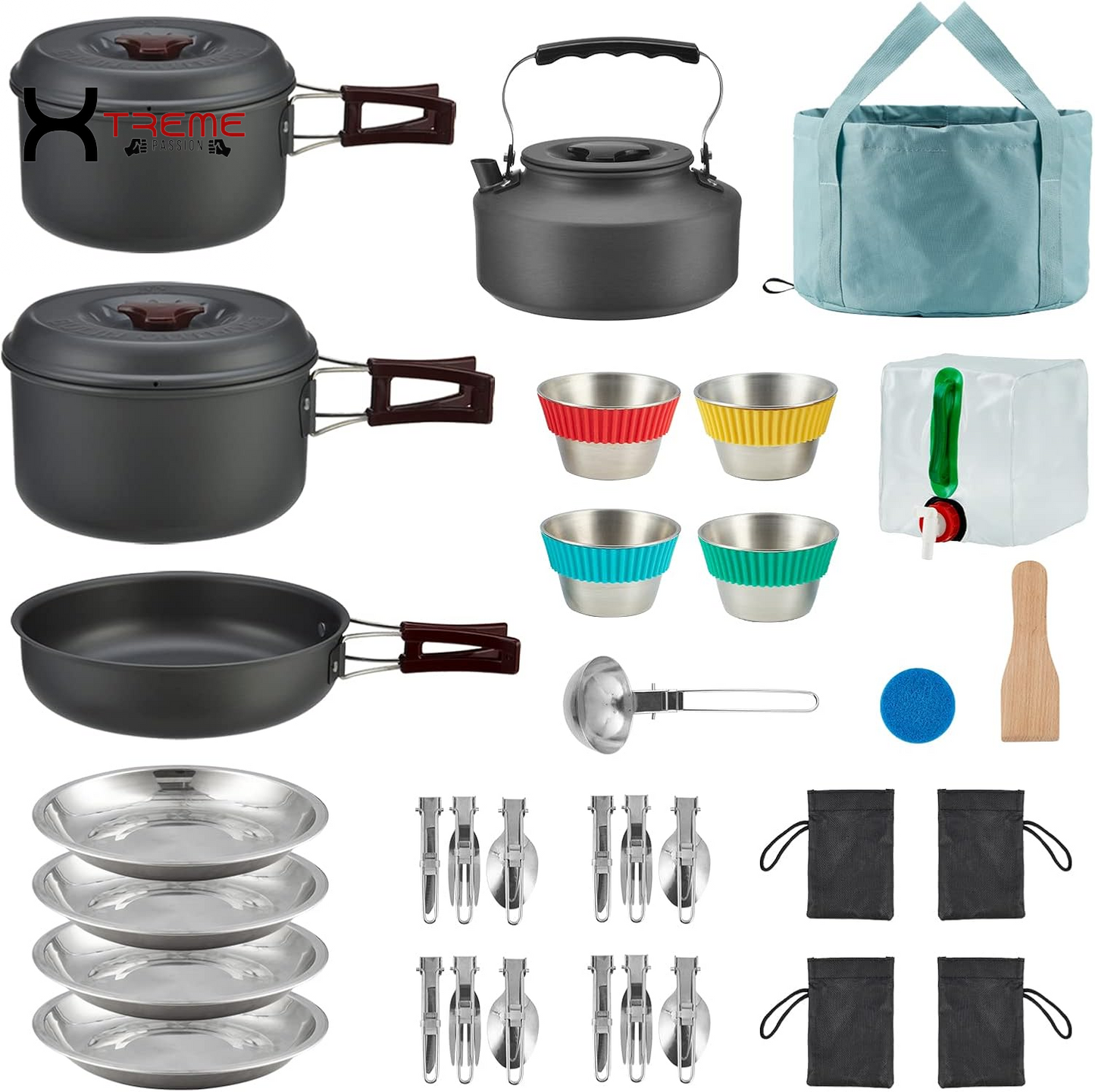 Ultimate 24-Piece Lightweight Camping Cookware Set for Family Adventures – Includes Kettle, Pots, Frying Pan, Bowls, Plates, and Spoon!