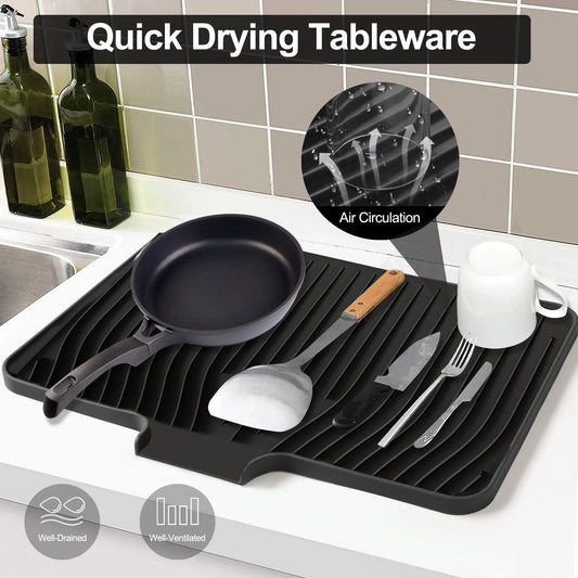 Large Silicone Dish Drying Mat with Drain Lip – Hygienic, Easy-Clean Counter Tray for Kitchen Sink, No Water Buildup