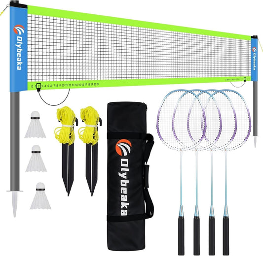 Ultimate Outdoor Badminton Set - Complete 20x3 Ft Anti-Sag Net, 4 Aluminum Rackets, 3 Shuttlecocks & Portable Carry Bag for Backyard & Beach Fun!