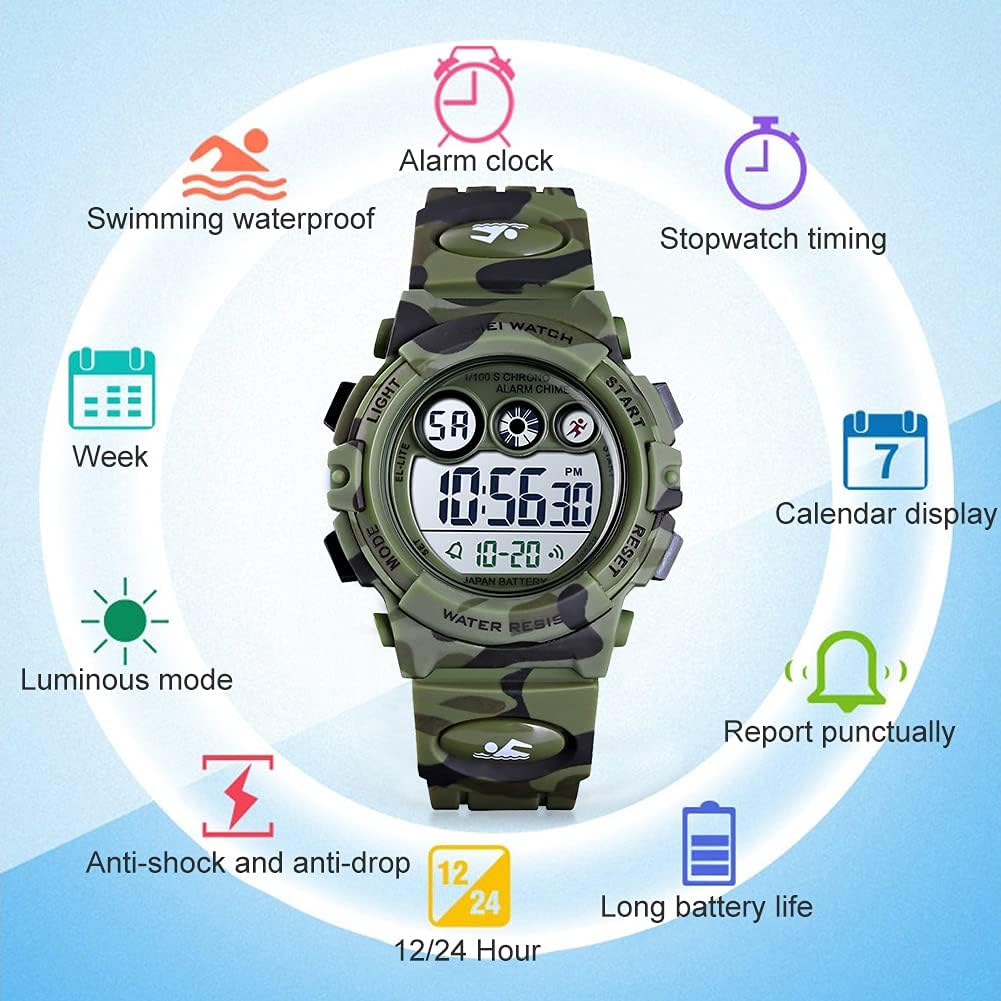 Kids Waterproof Digital Sport Watch - Perfect for Boys & Girls Ages 3-15 with Alarm, EL Backlight, Stopwatch & Military Design