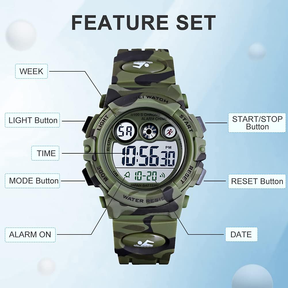 Kids Waterproof Digital Sport Watch - Perfect for Boys & Girls Ages 3-15 with Alarm, EL Backlight, Stopwatch & Military Design