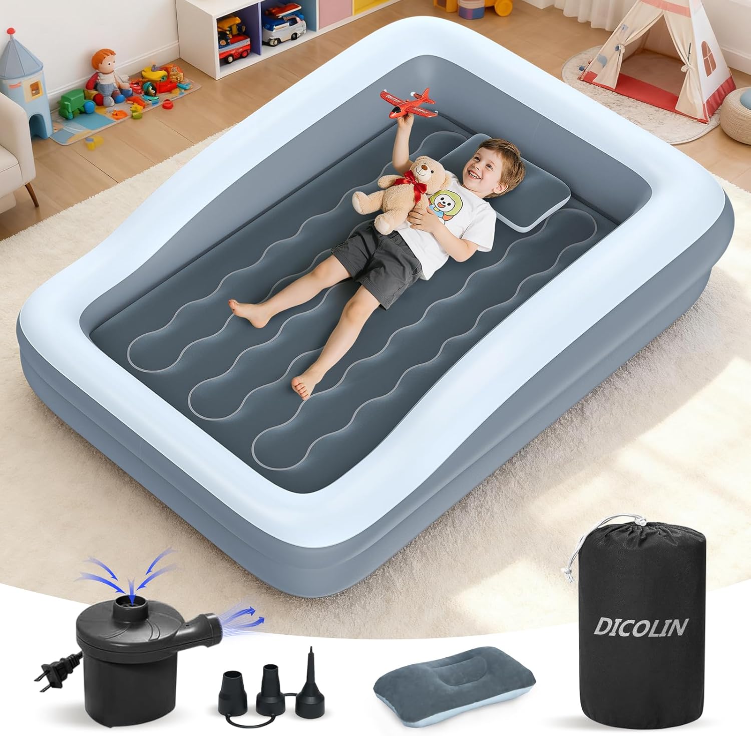 Kids Inflatable Toddler Travel Bed — 4 Safety Sides, Fast Electric Pump, Portable Air Mattress