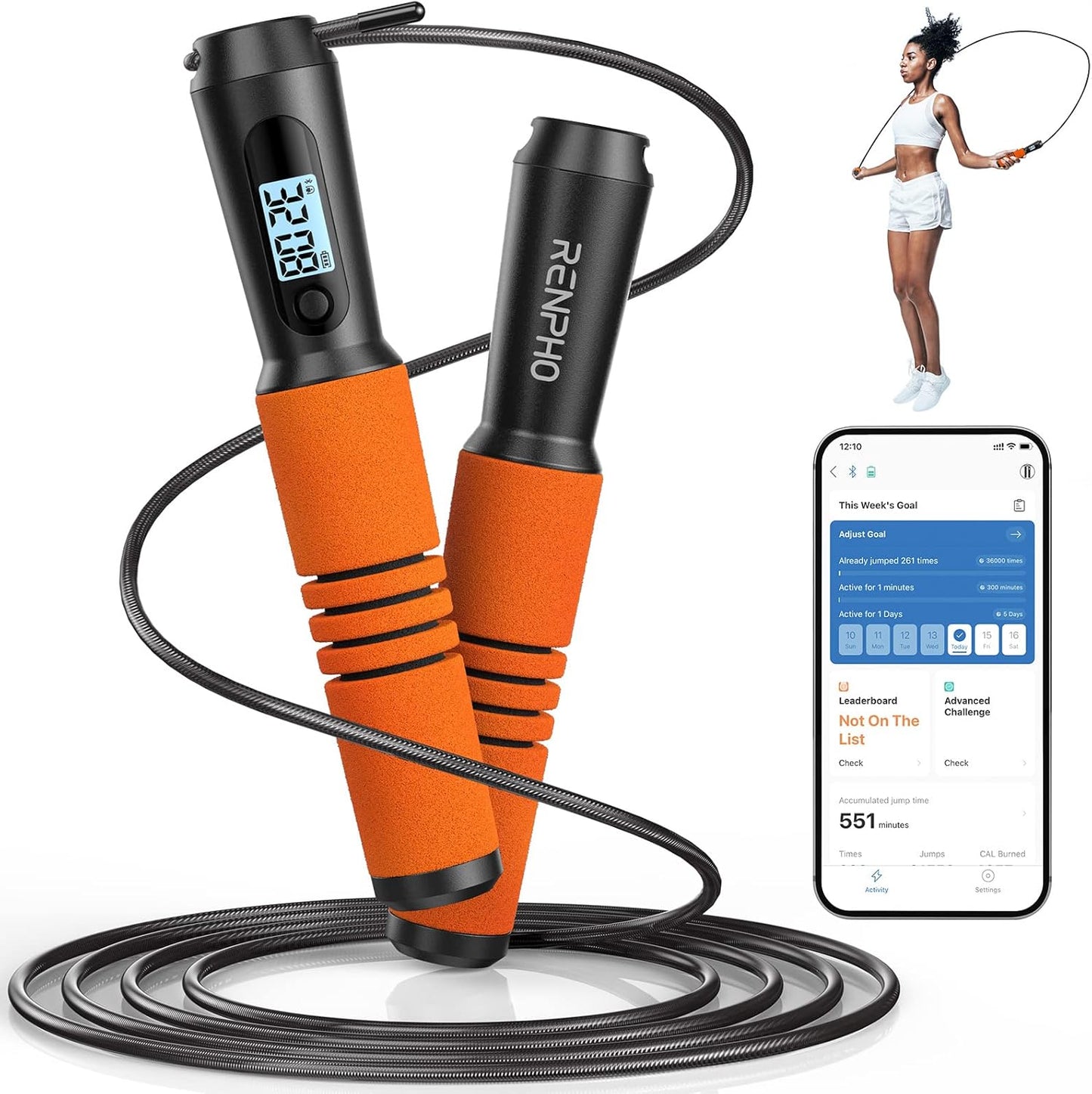Smart Jump Rope -App Tracking, LCD Display, Adjustable Cable