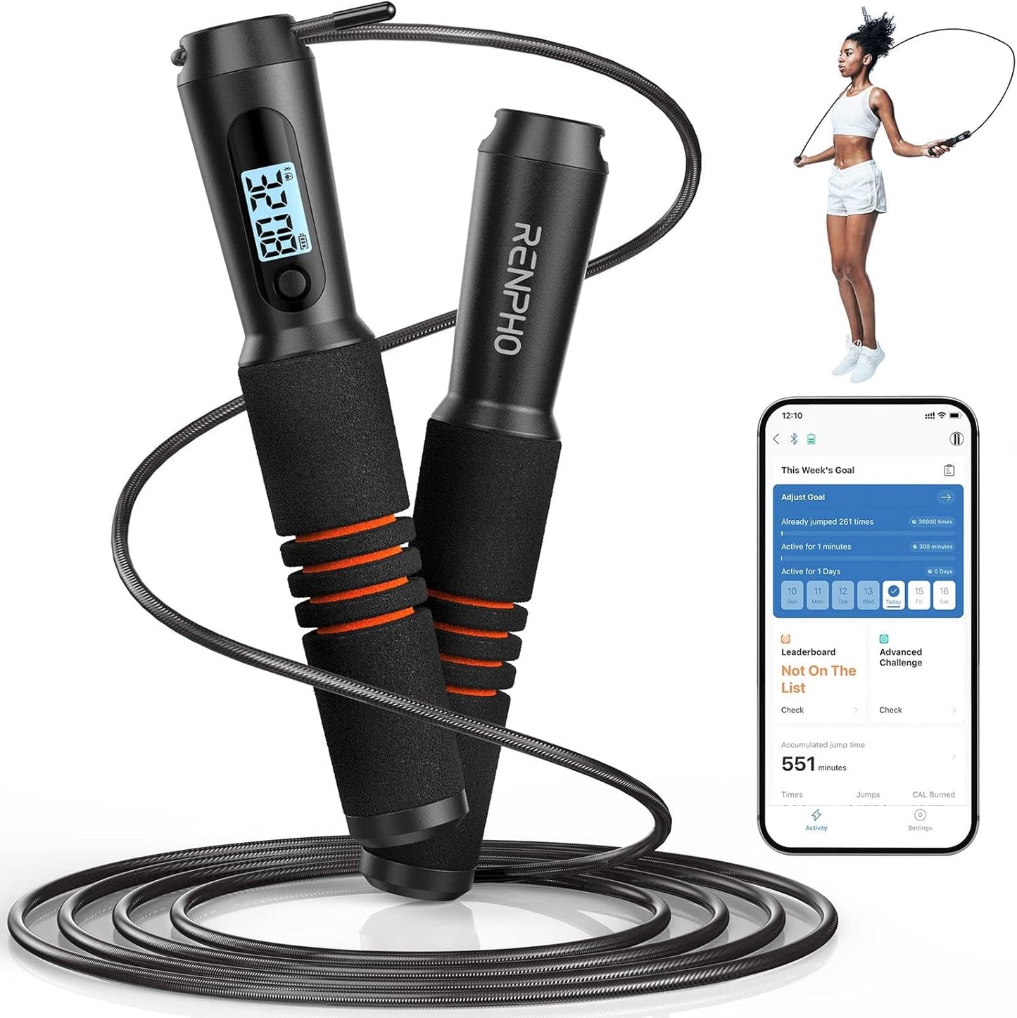Smart Jump Rope -App Tracking, LCD Display, Adjustable Cable