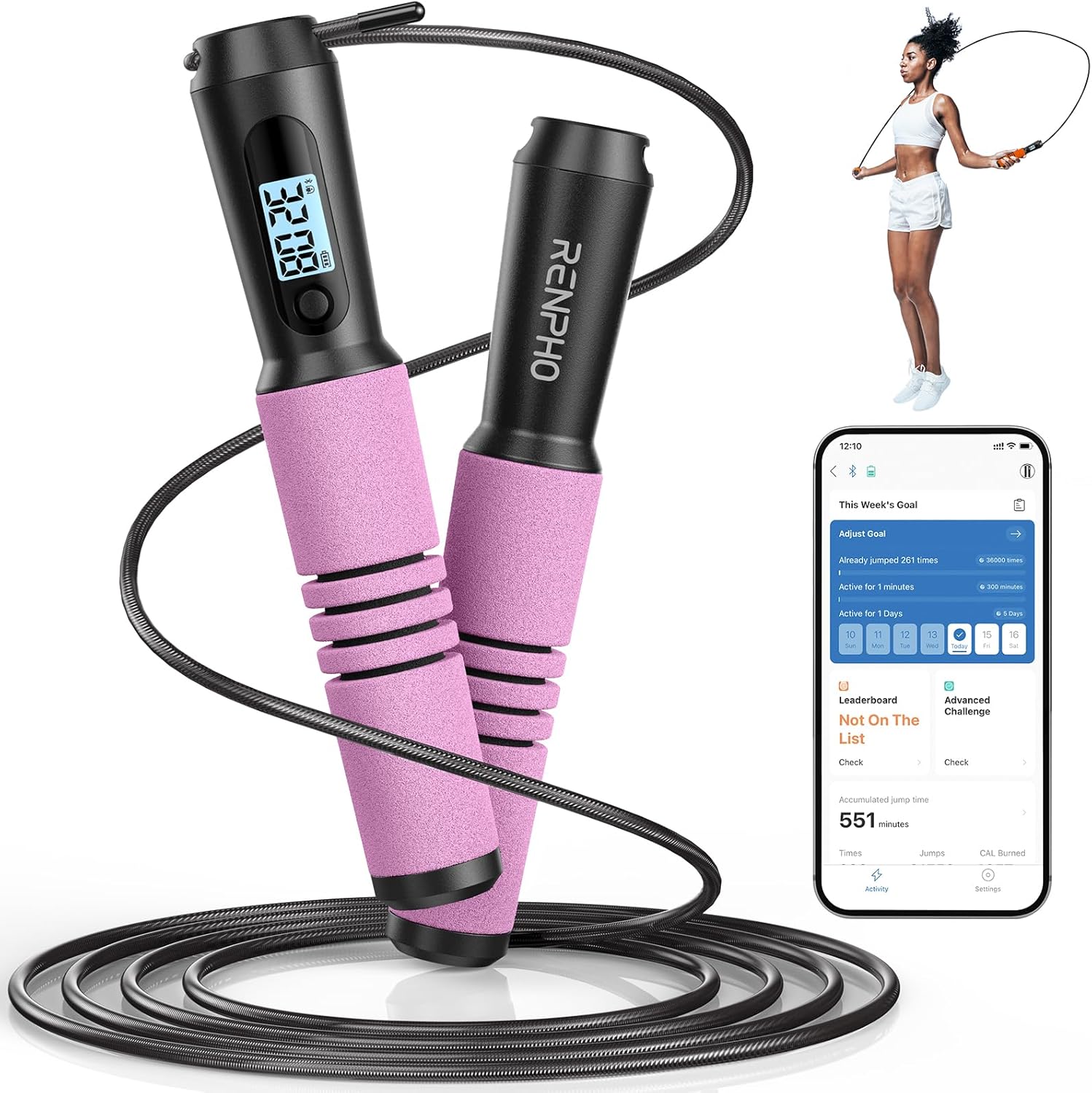 Smart Jump Rope -App Tracking, LCD Display, Adjustable Cable