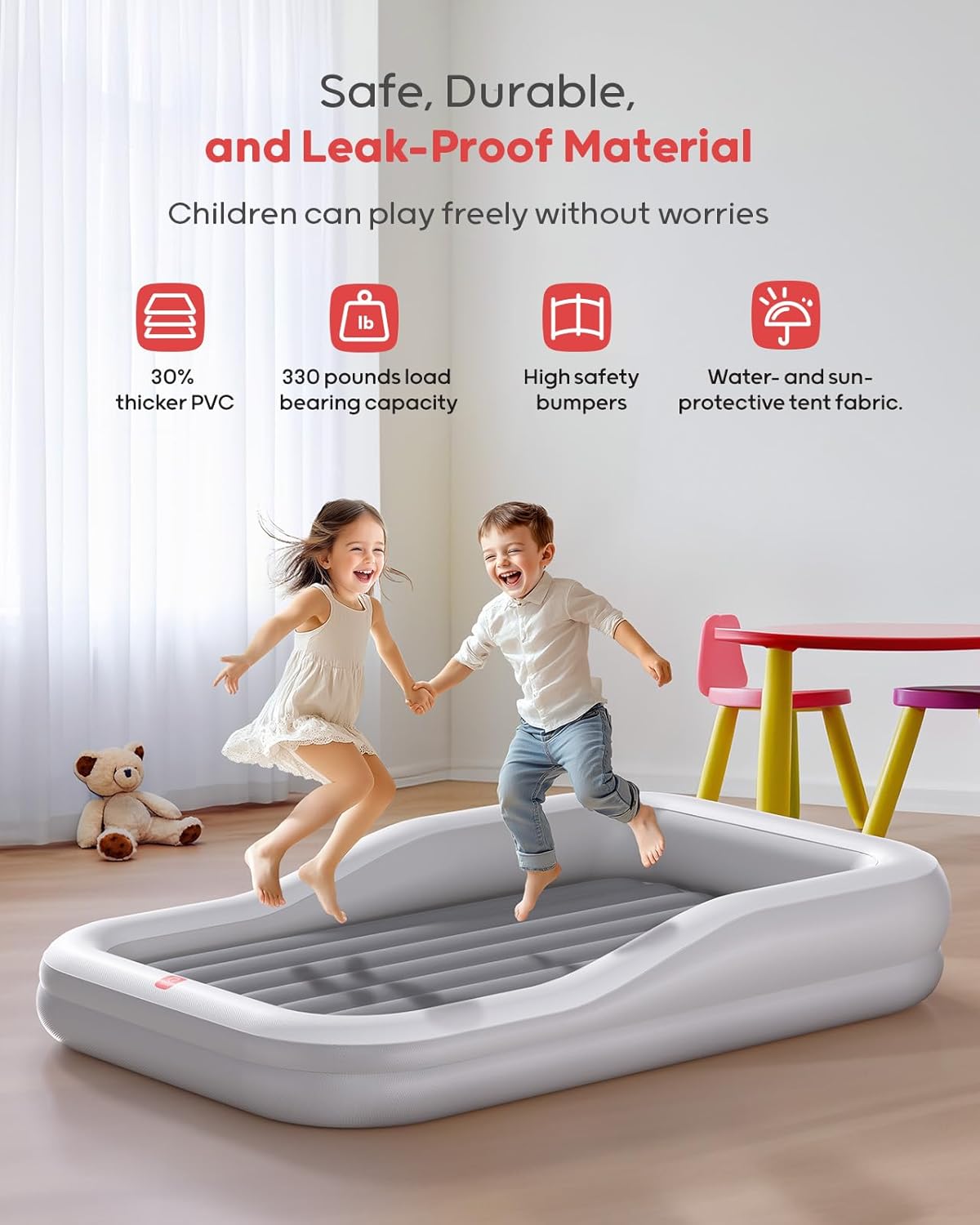 Kids Inflatable Travel Bed with Tent & Electric Pump — Portable Air Mattress with Safety Sides