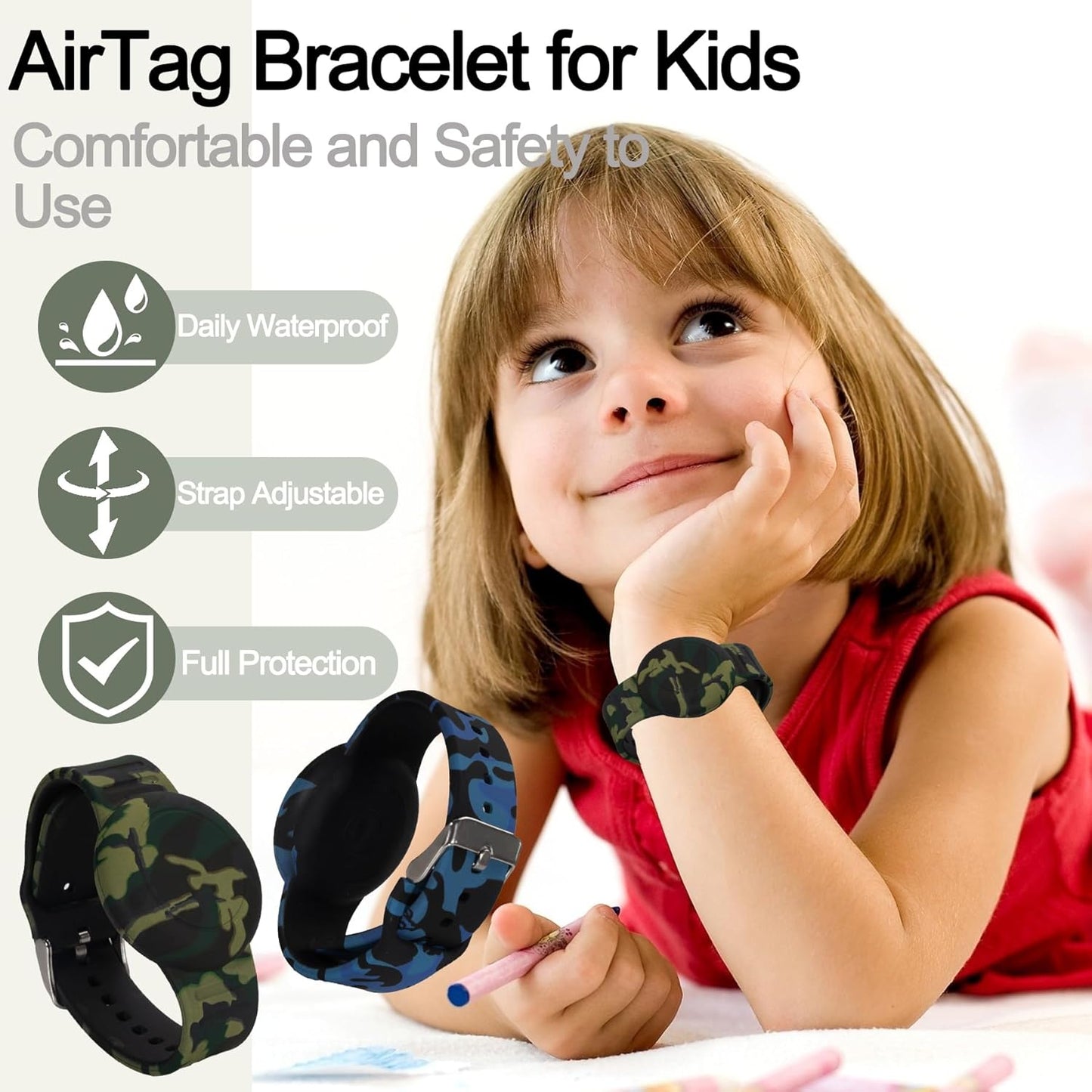 Waterproof AirTag Wristband for Kids — 4-Pack, Silicone GPS Tracker Holder, Hidden Design