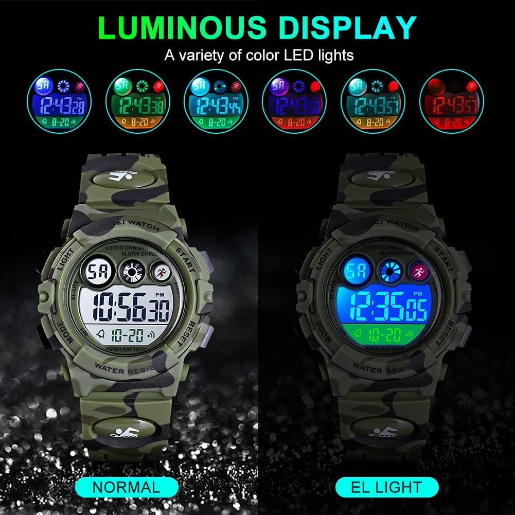 Kids Waterproof Digital Sport Watch - Perfect for Boys & Girls Ages 3-15 with Alarm, EL Backlight, Stopwatch & Military Design