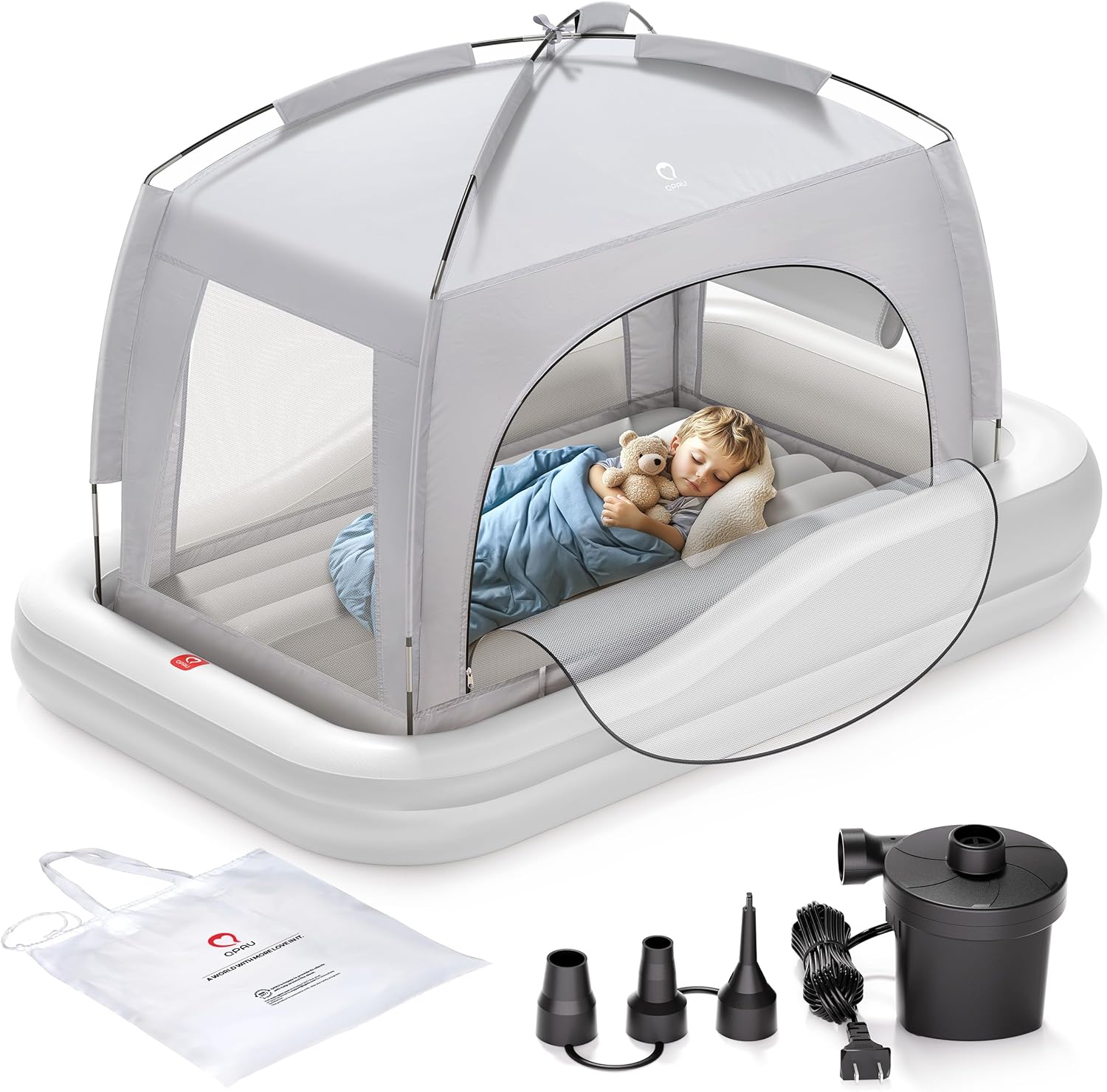 Kids Inflatable Travel Bed with Tent & Electric Pump — Portable Air Mattress with Safety Sides