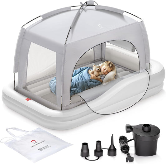 Kids Inflatable Travel Bed with Tent & Electric Pump — Portable Air Mattress with Safety Sides