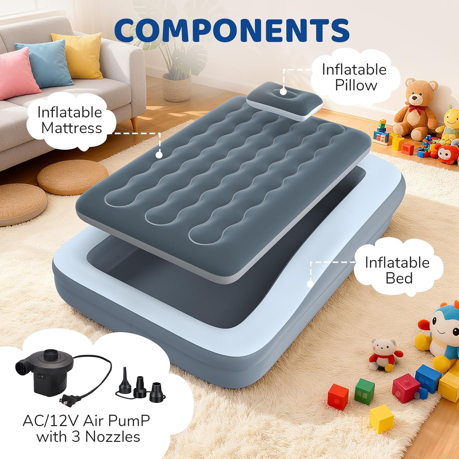 Kids Inflatable Toddler Travel Bed — 4 Safety Sides, Fast Electric Pump, Portable Air Mattress