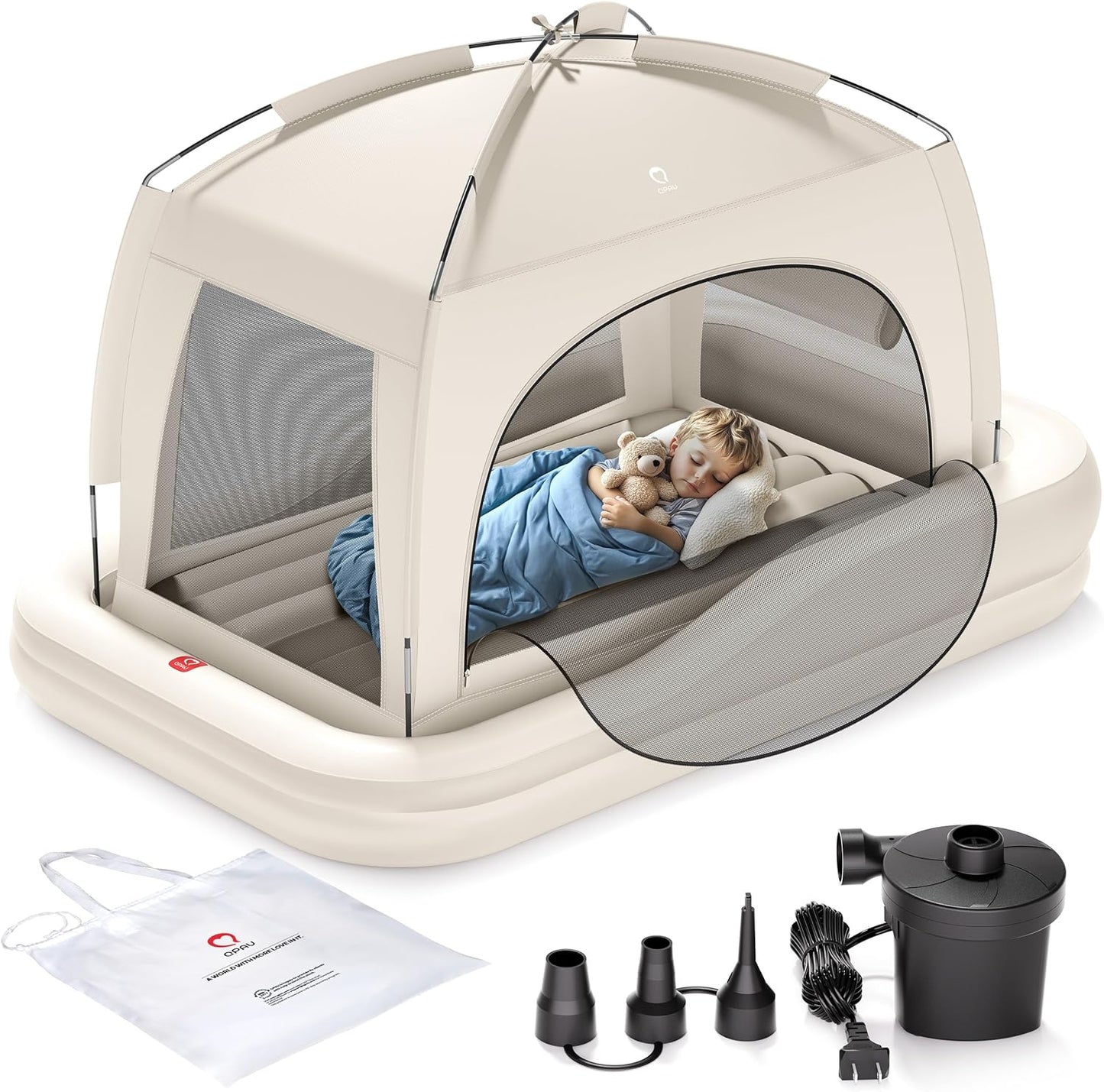 Kids Inflatable Travel Bed with Tent & Electric Pump — Portable Air Mattress with Safety Sides