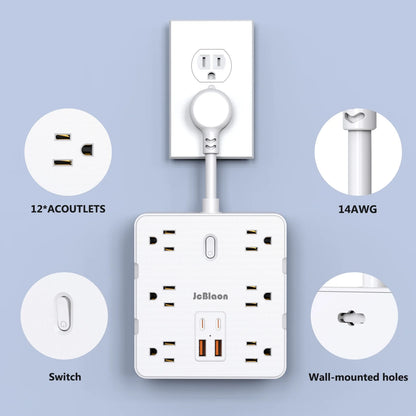Power Up Your Space: Ultimate Surge Protector Power Strip with USB Ports, 12 Outlets, and Wall-Mount Design for Effortless Charging