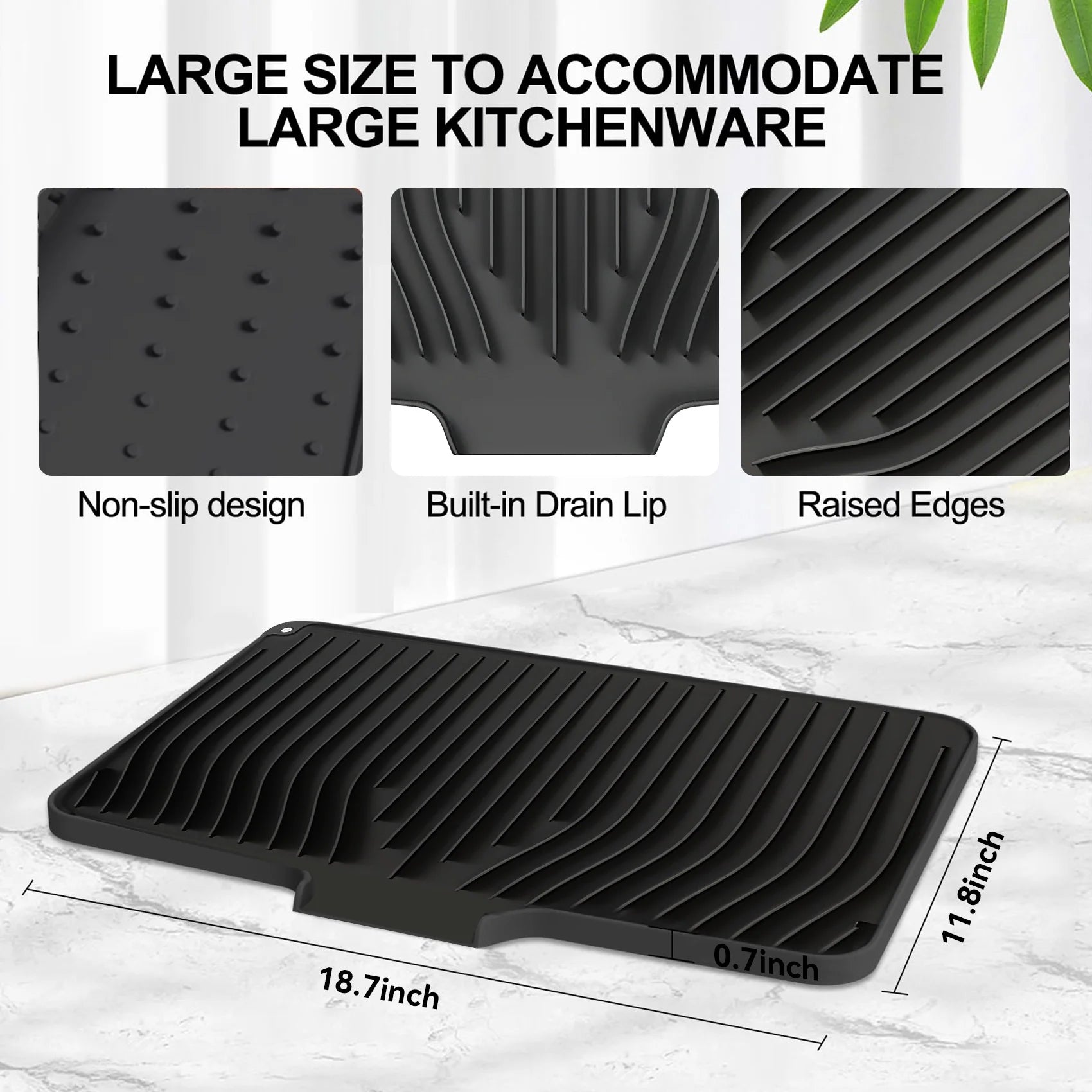 Large Silicone Dish Drying Mat with Drain Lip – Hygienic, Easy-Clean Counter Tray for Kitchen Sink, No Water Buildup