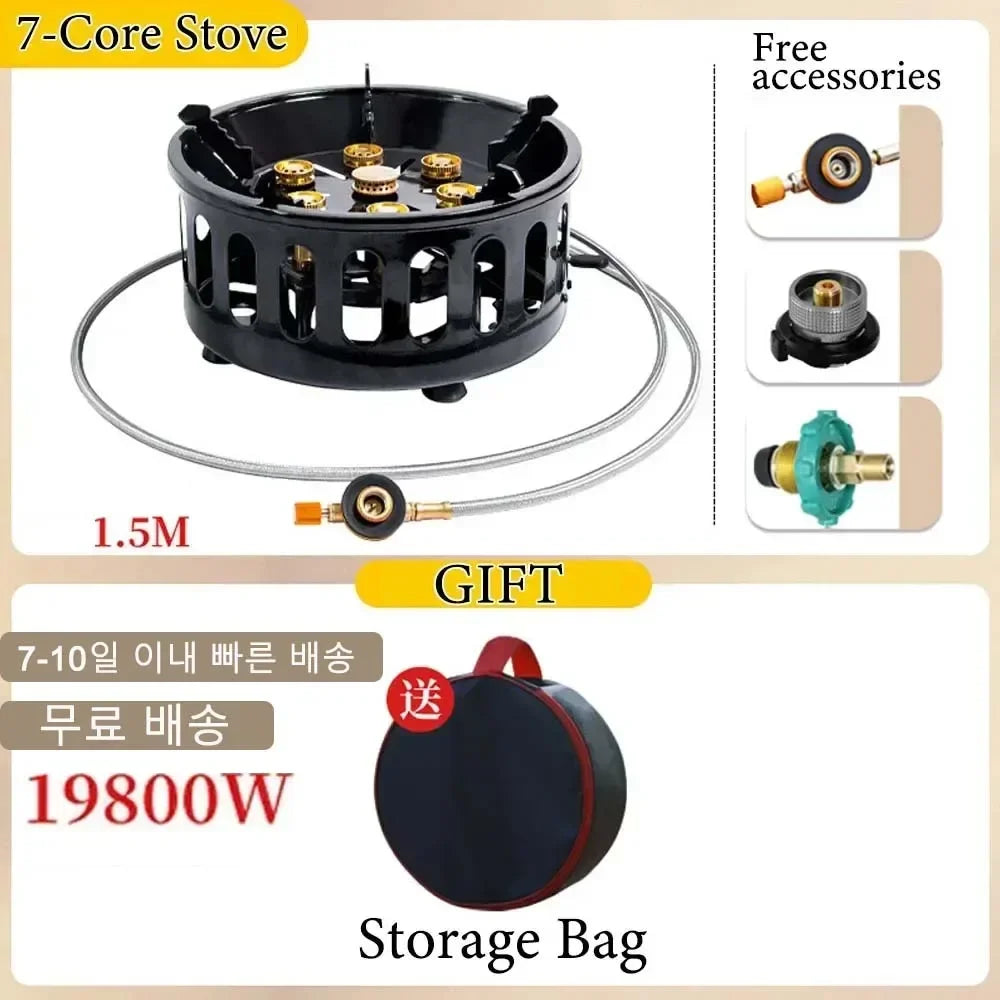 High-Power 19800W 7-Core Portable Camping Stove with Electronic Ignition - Windproof Gas Burner for Outdoor Adventures