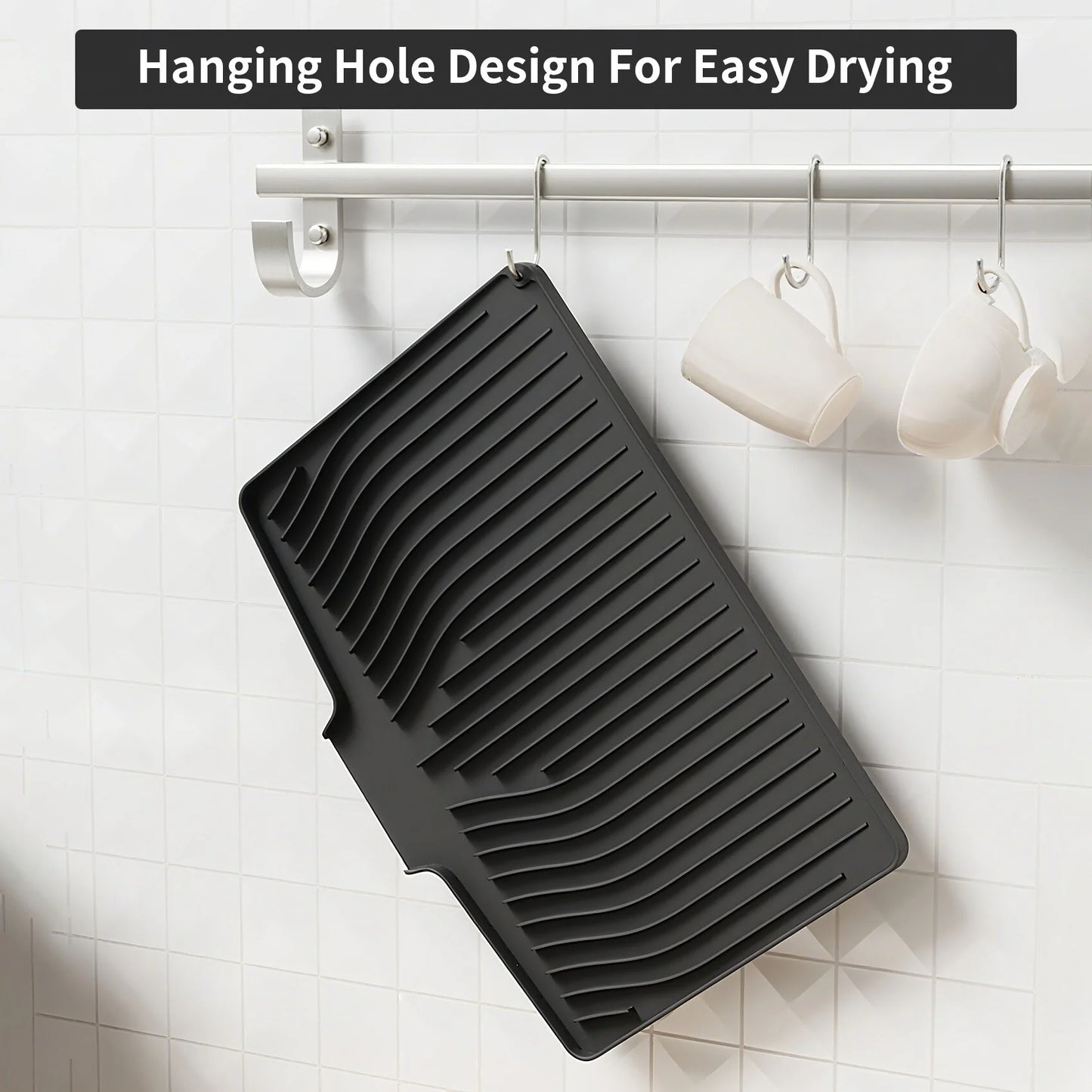 Large Silicone Dish Drying Mat with Drain Lip – Hygienic, Easy-Clean Counter Tray for Kitchen Sink, No Water Buildup