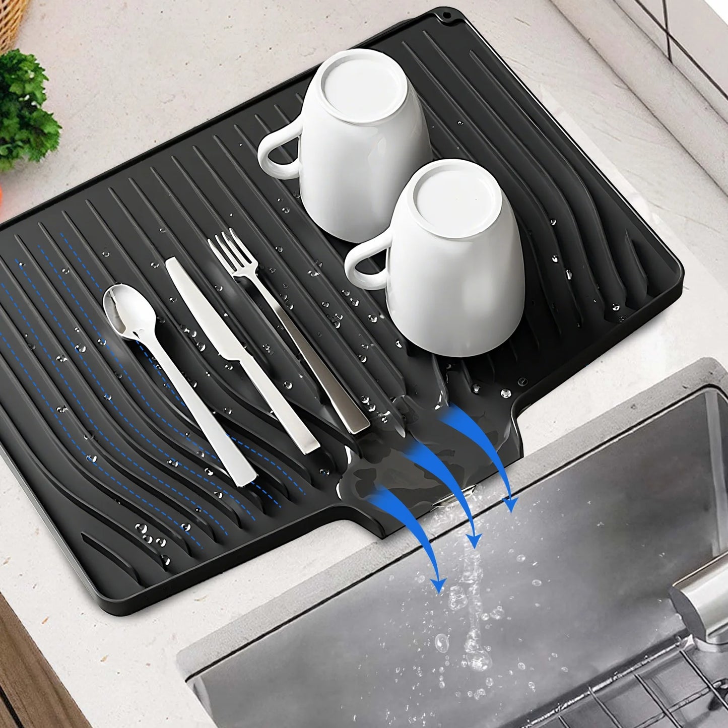 Large Silicone Dish Drying Mat with Drain Lip – Hygienic, Easy-Clean Counter Tray for Kitchen Sink, No Water Buildup