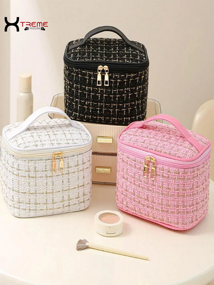 Stylish Black Makeup Bag - Large Capacity Travel Toiletries & Cosmetic Storage Tote with Brush Organizer