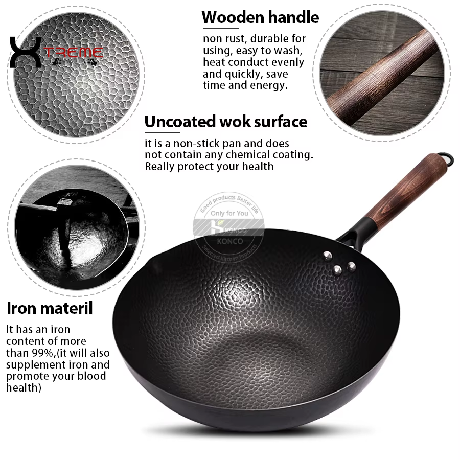 32cm Pure Iron Wok - Versatile Cast Iron Pan for Gas & Induction Cooking - Ideal Chinese Cookware