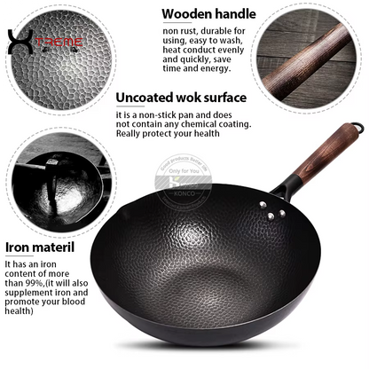 32cm Pure Iron Wok - Versatile Cast Iron Pan for Gas & Induction Cooking - Ideal Chinese Cookware