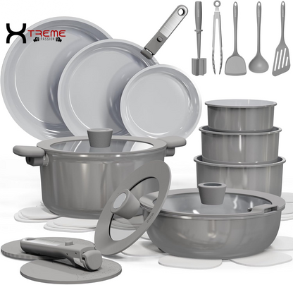 Elevate Your Culinary Skills with the 27-Piece Eco-Friendly Nonstick Ceramic Cookware Set in Stylish Green - Perfect for Home, RV, and Camping!