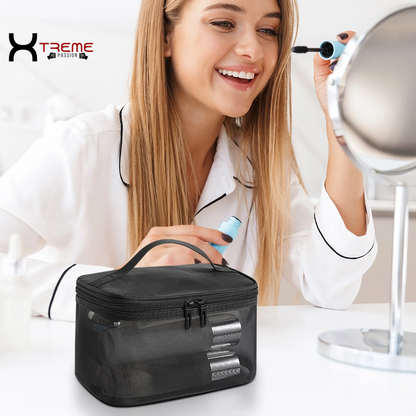 Stylish Black Makeup Bag - Large Capacity Travel Toiletries & Cosmetic Storage Tote with Brush Organizer