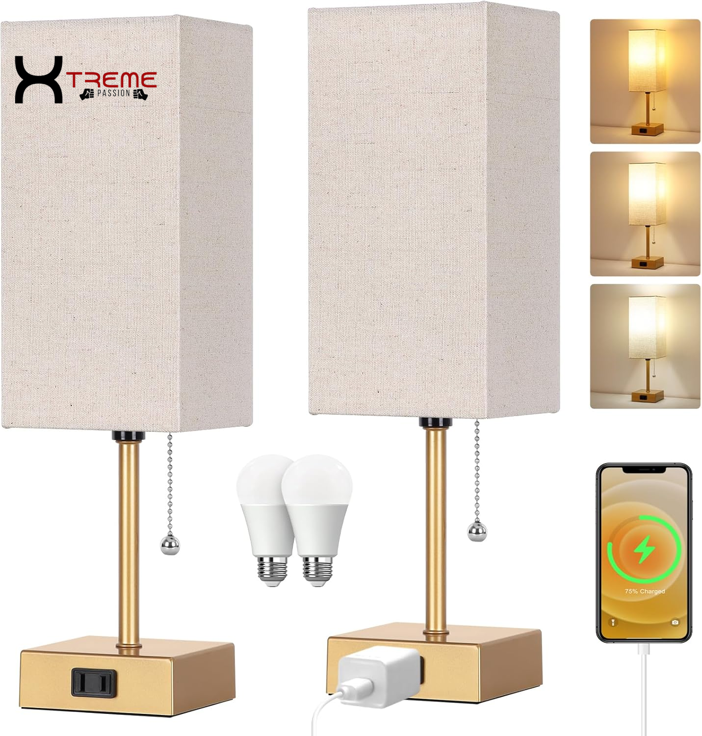 Elevate Your Space with the Modern Touch Control Bedside Lamp - 3-Way Dimmable, USB Ports & AC Outlet, Featuring a Chic White Fabric Shade