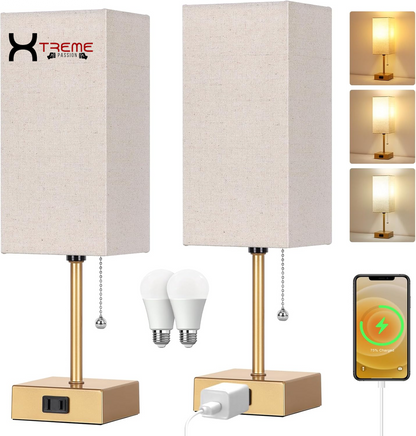 Elevate Your Space with the Modern Touch Control Bedside Lamp - 3-Way Dimmable, USB Ports & AC Outlet, Featuring a Chic White Fabric Shade