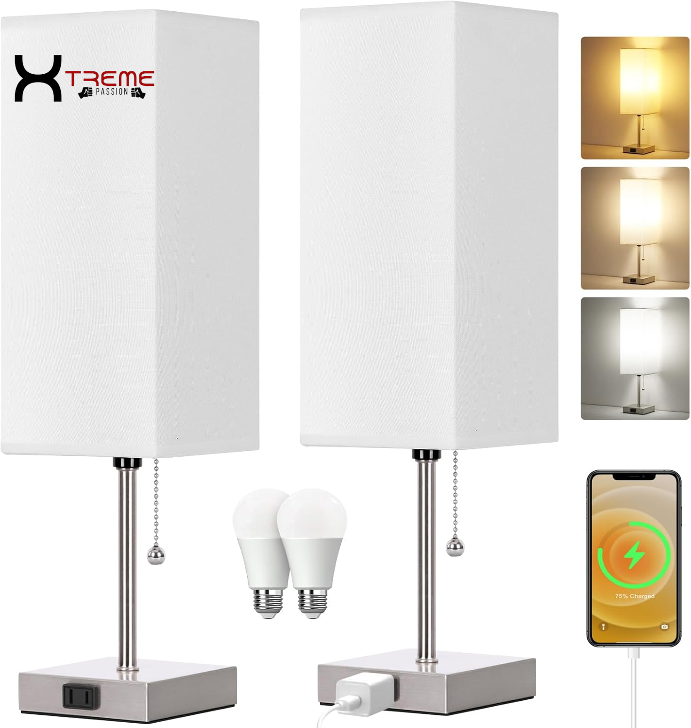 Elevate Your Space with the Modern Touch Control Bedside Lamp - 3-Way Dimmable, USB Ports & AC Outlet, Featuring a Chic White Fabric Shade