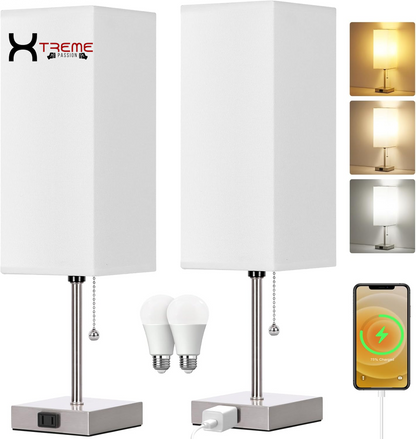 Elevate Your Space with the Modern Touch Control Bedside Lamp - 3-Way Dimmable, USB Ports & AC Outlet, Featuring a Chic White Fabric Shade