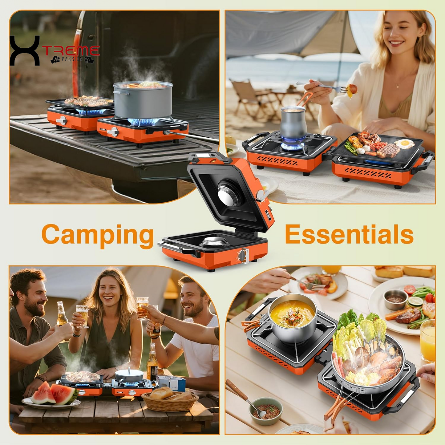Portable 2-Burner Camping Stove with Windshield - 20000 BTU Propane Camp Stove, Includes Frying Pan, Coffee Stand & Carry Bag - Essential Outdoor Gear in Vibrant Orange
