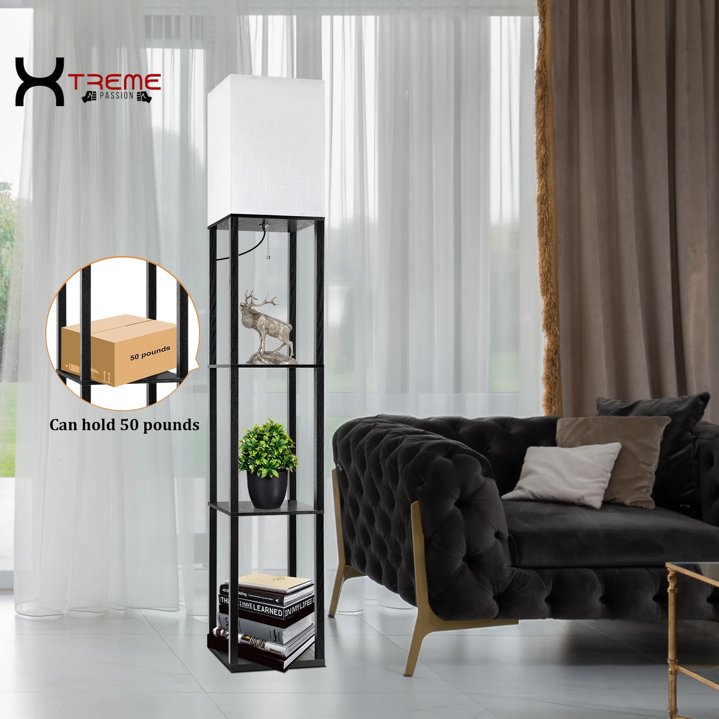 Elevate Your Space with the Modern 63" Black Wood Shelf Floor Lamp - Stylish Lighting & Practical Storage for Any Room