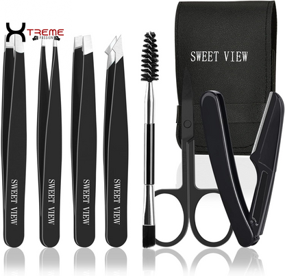 Ultimate 7-Piece Eyebrow Tweezers Kit for Women - Precision Plucker Set with Scissors, Razor & Spoolie for Flawless Facial Grooming