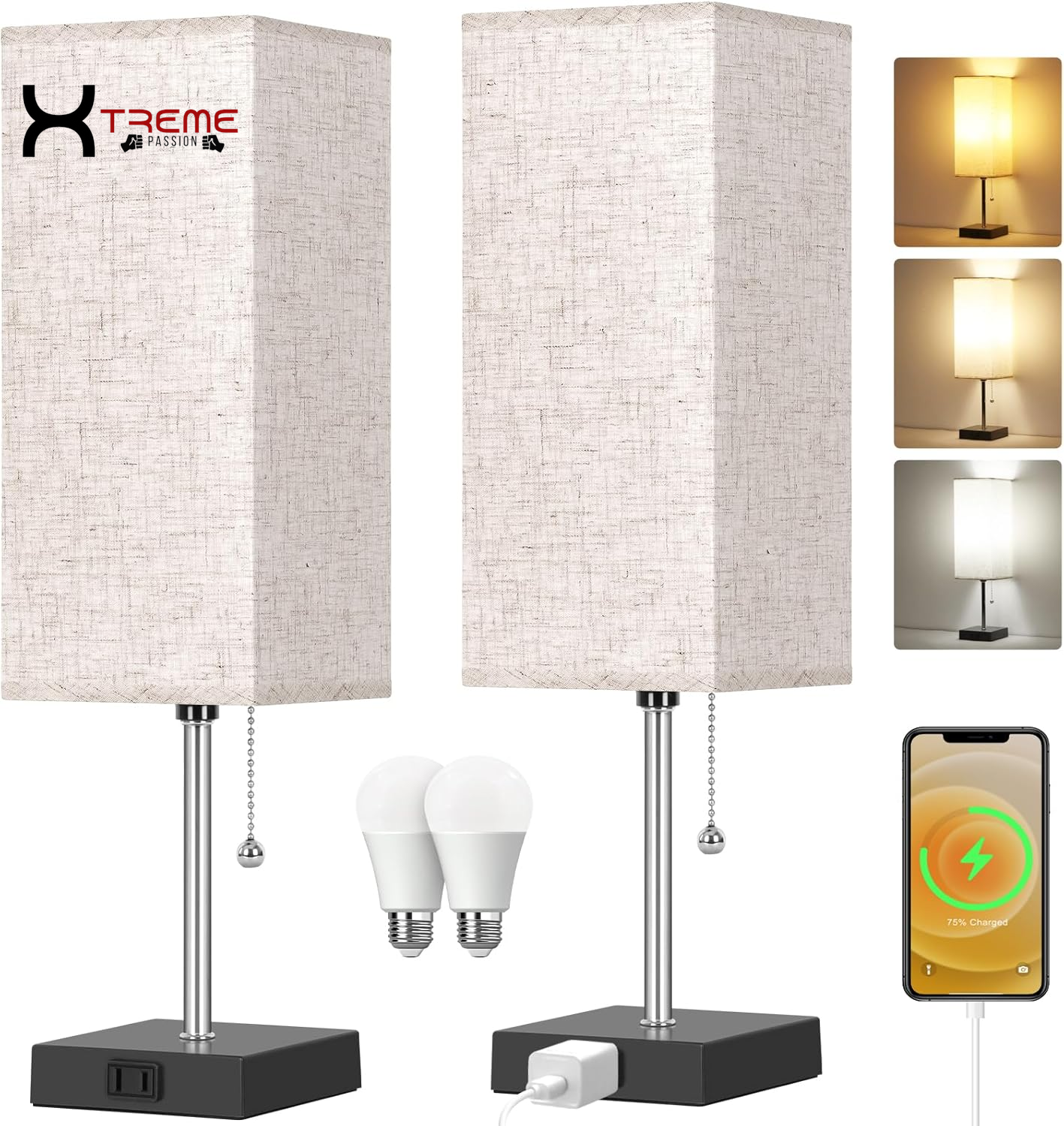 Elevate Your Space with the Modern Touch Control Bedside Lamp - 3-Way Dimmable, USB Ports & AC Outlet, Featuring a Chic White Fabric Shade