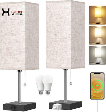 Elevate Your Space with the Modern Touch Control Bedside Lamp - 3-Way Dimmable, USB Ports & AC Outlet, Featuring a Chic White Fabric Shade