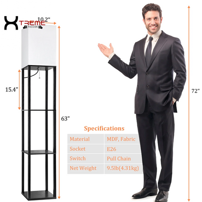 Elevate Your Space with the Modern 63" Black Wood Shelf Floor Lamp - Stylish Lighting & Practical Storage for Any Room