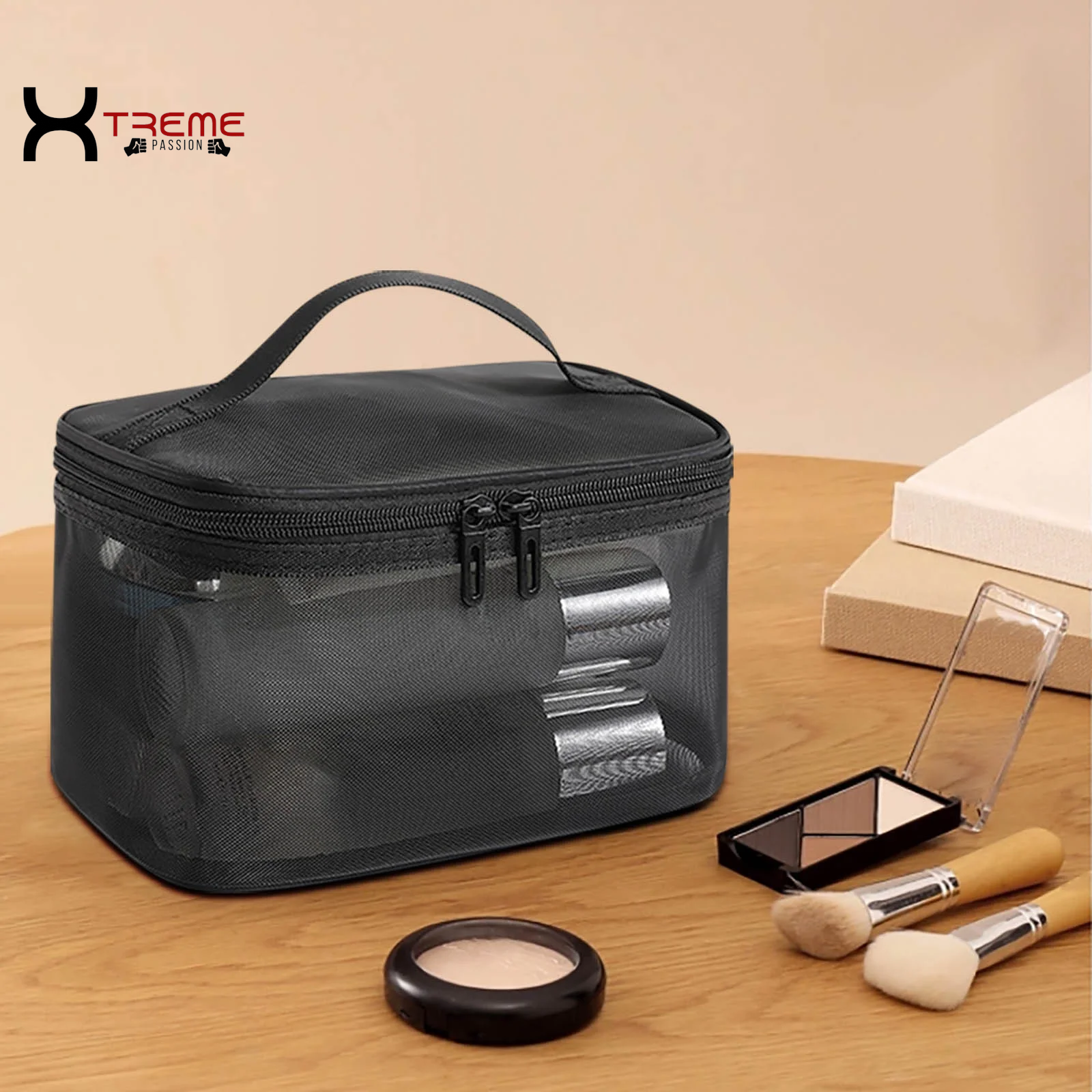 Stylish Black Makeup Bag - Large Capacity Travel Toiletries & Cosmetic Storage Tote with Brush Organizer