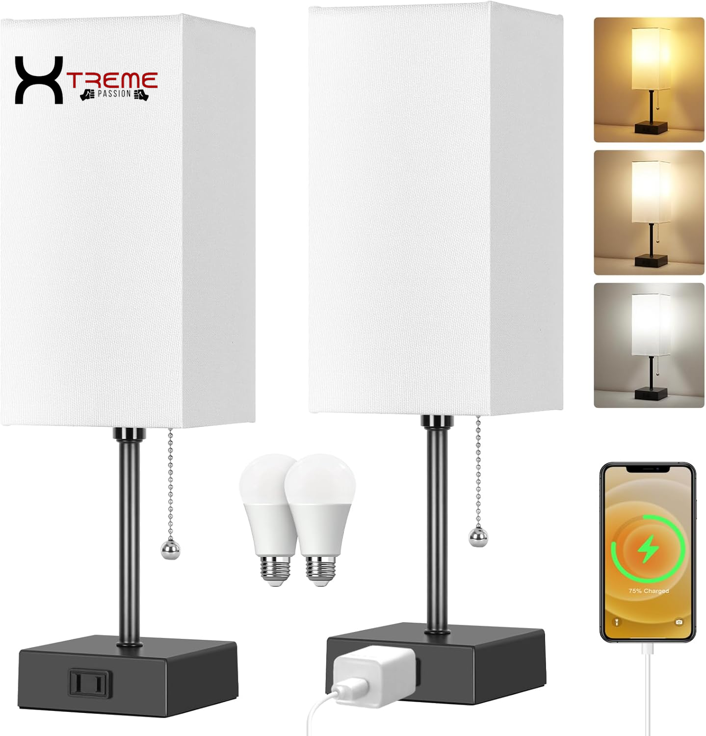 Elevate Your Space with the Modern Touch Control Bedside Lamp - 3-Way Dimmable, USB Ports & AC Outlet, Featuring a Chic White Fabric Shade