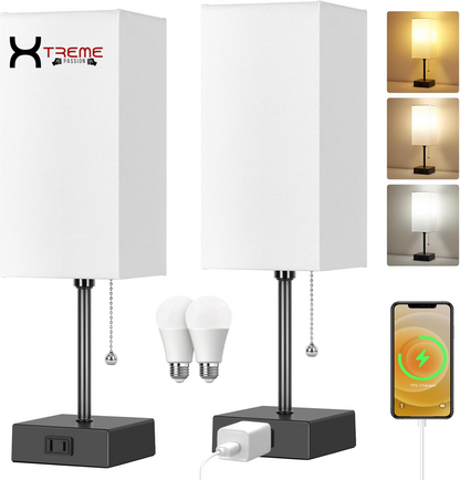 Elevate Your Space with the Modern Touch Control Bedside Lamp - 3-Way Dimmable, USB Ports & AC Outlet, Featuring a Chic White Fabric Shade