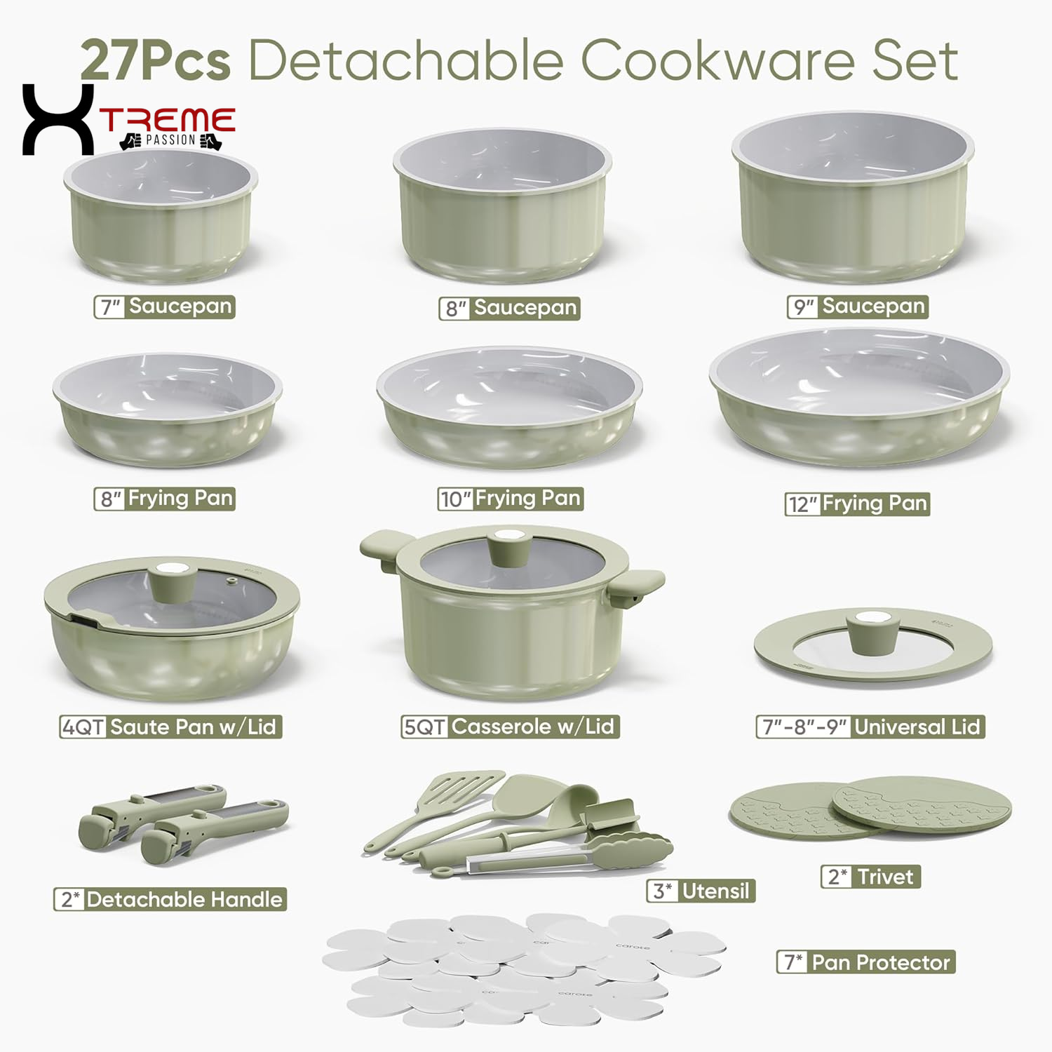 Elevate Your Culinary Skills with the 27-Piece Eco-Friendly Nonstick Ceramic Cookware Set in Stylish Green - Perfect for Home, RV, and Camping!