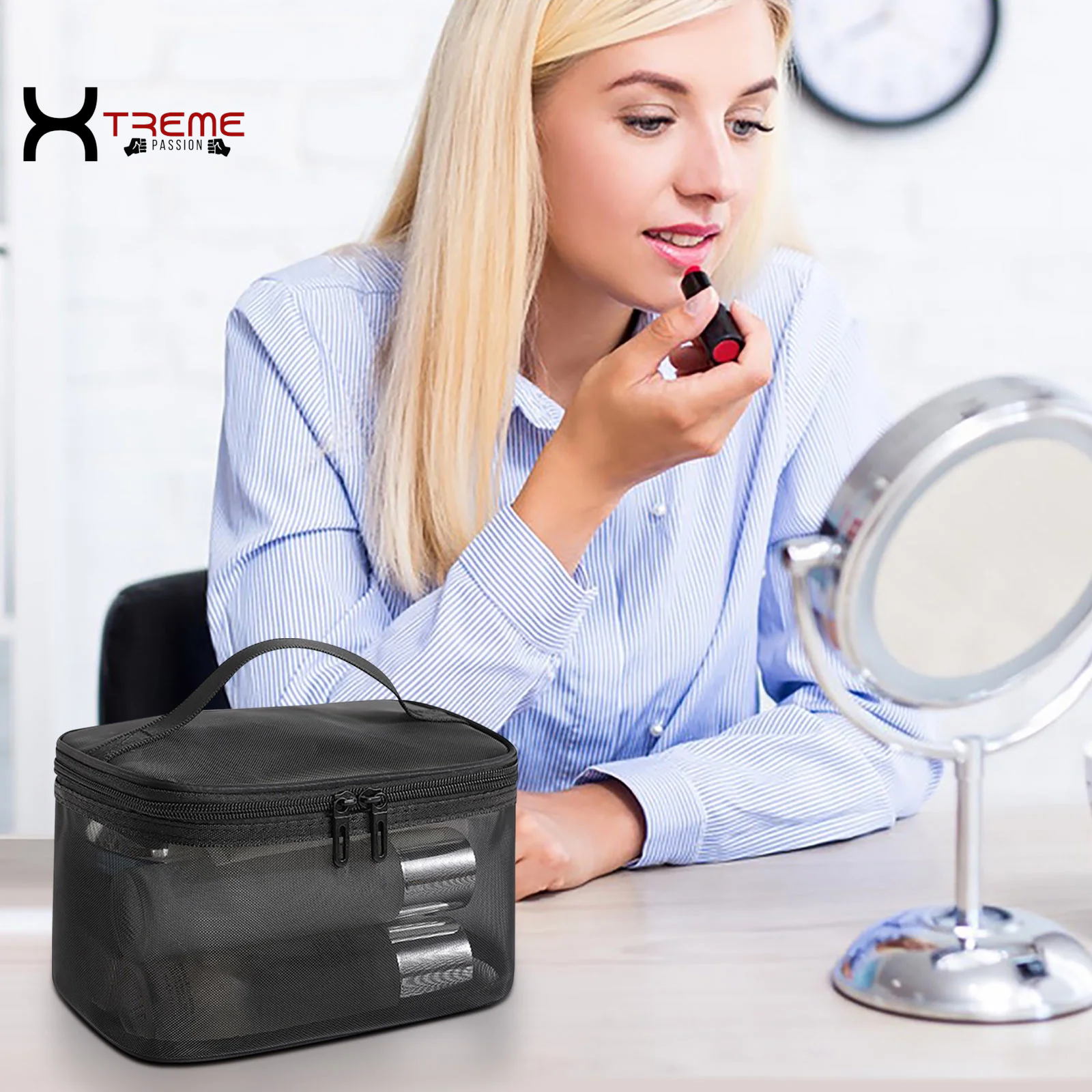 Stylish Black Makeup Bag - Large Capacity Travel Toiletries & Cosmetic Storage Tote with Brush Organizer