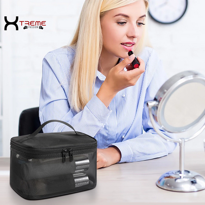 Stylish Black Makeup Bag - Large Capacity Travel Toiletries & Cosmetic Storage Tote with Brush Organizer