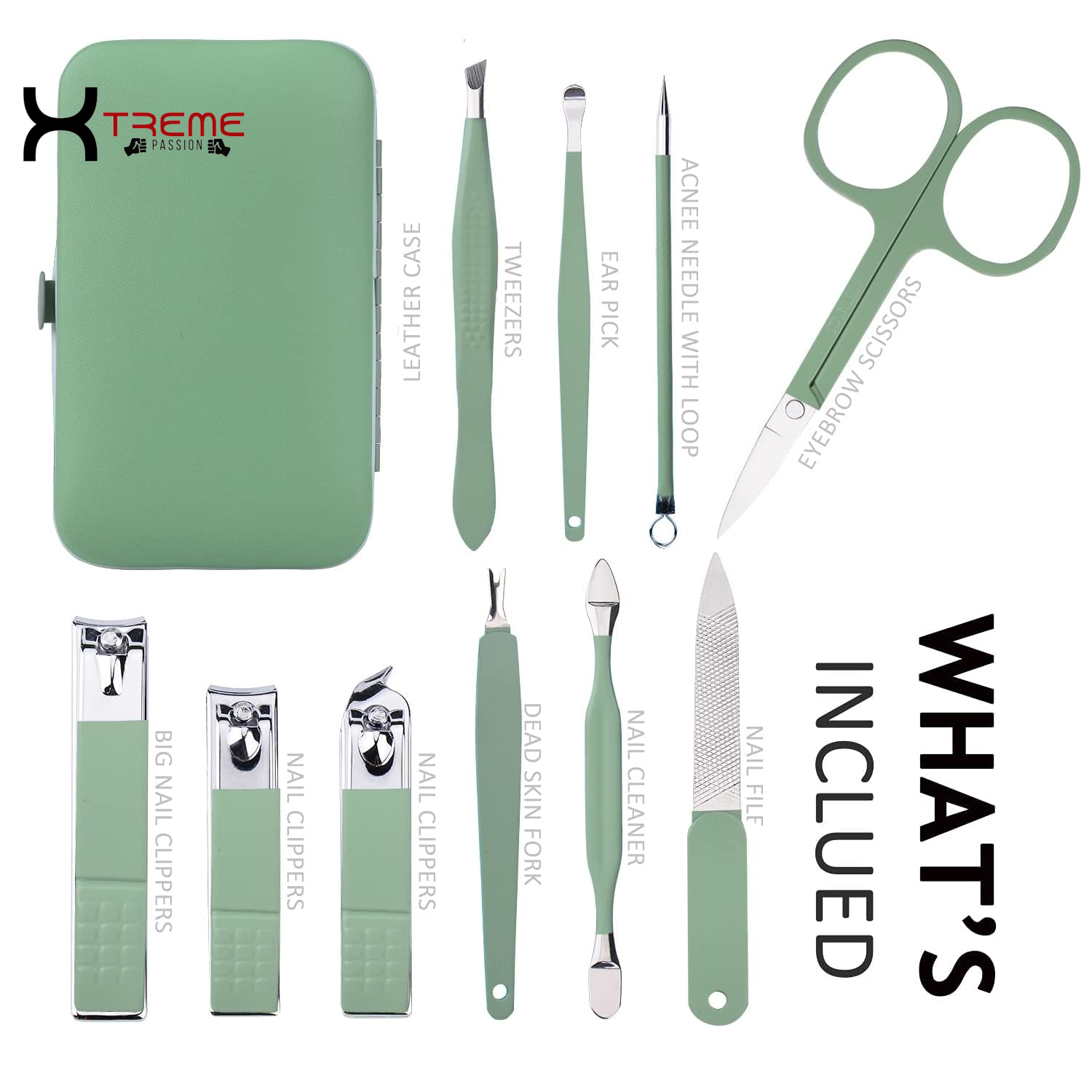 Elevate Your Grooming Routine with the Premium 10-in-1 Jade Green Stainless Steel Manicure Set - Complete Nail Care Kit for Men and Women in a Stylish Leather Case