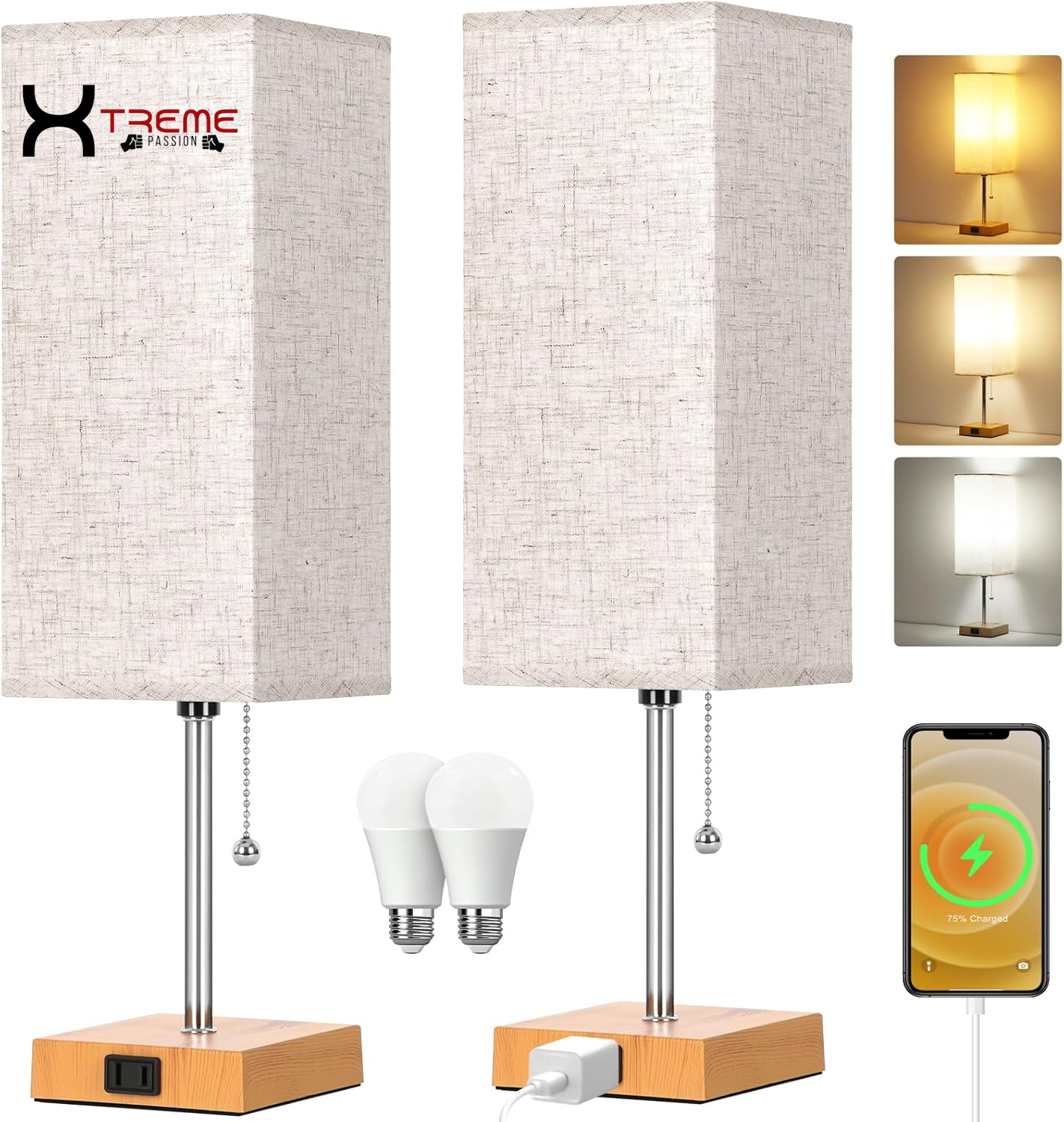 Elevate Your Space with the Modern Touch Control Bedside Lamp - 3-Way Dimmable, USB Ports & AC Outlet, Featuring a Chic White Fabric Shade