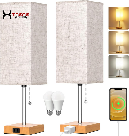 Elevate Your Space with the Modern Touch Control Bedside Lamp - 3-Way Dimmable, USB Ports & AC Outlet, Featuring a Chic White Fabric Shade