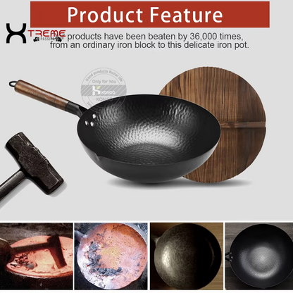 32cm Pure Iron Wok - Versatile Cast Iron Pan for Gas & Induction Cooking - Ideal Chinese Cookware