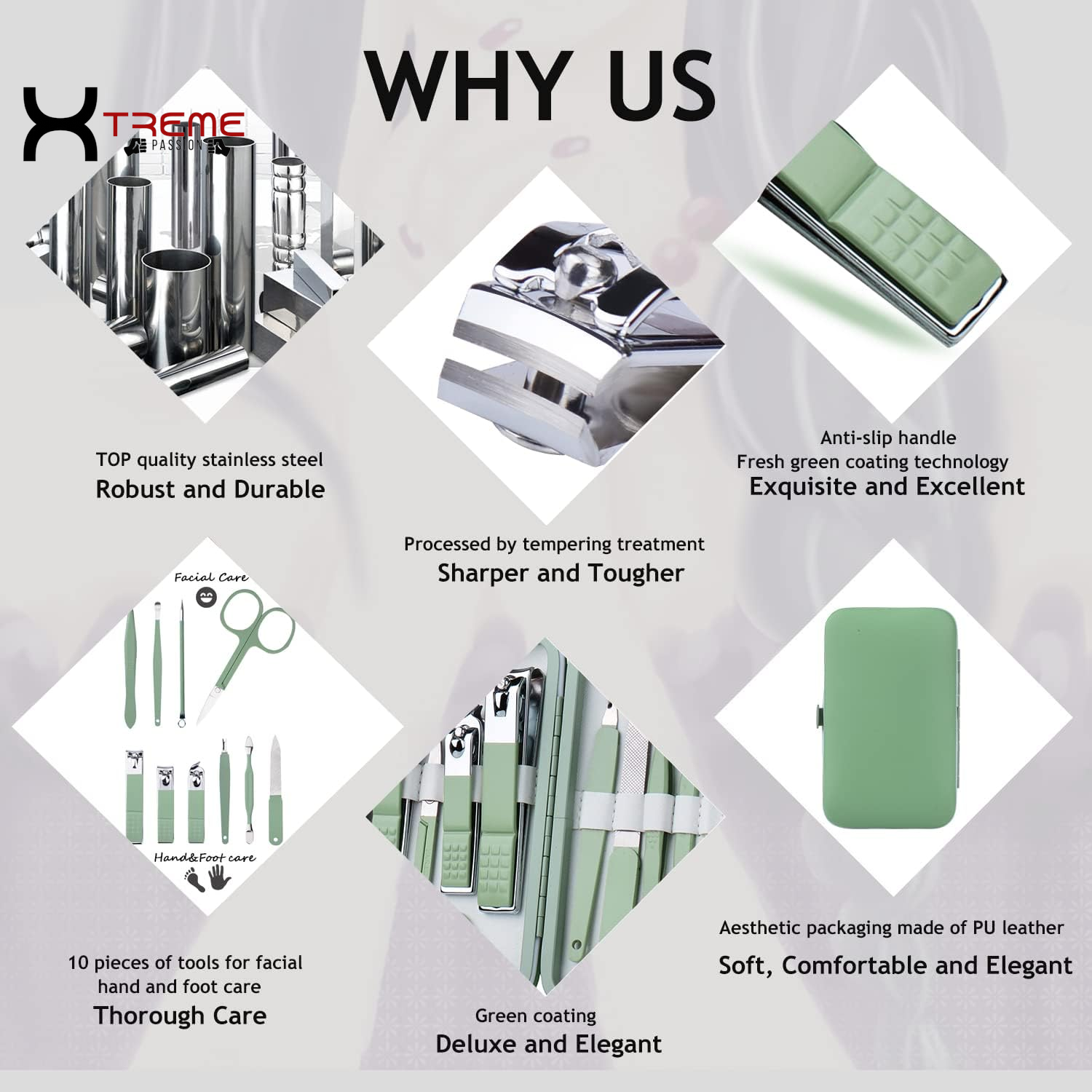 Elevate Your Grooming Routine with the Premium 10-in-1 Jade Green Stainless Steel Manicure Set - Complete Nail Care Kit for Men and Women in a Stylish Leather Case